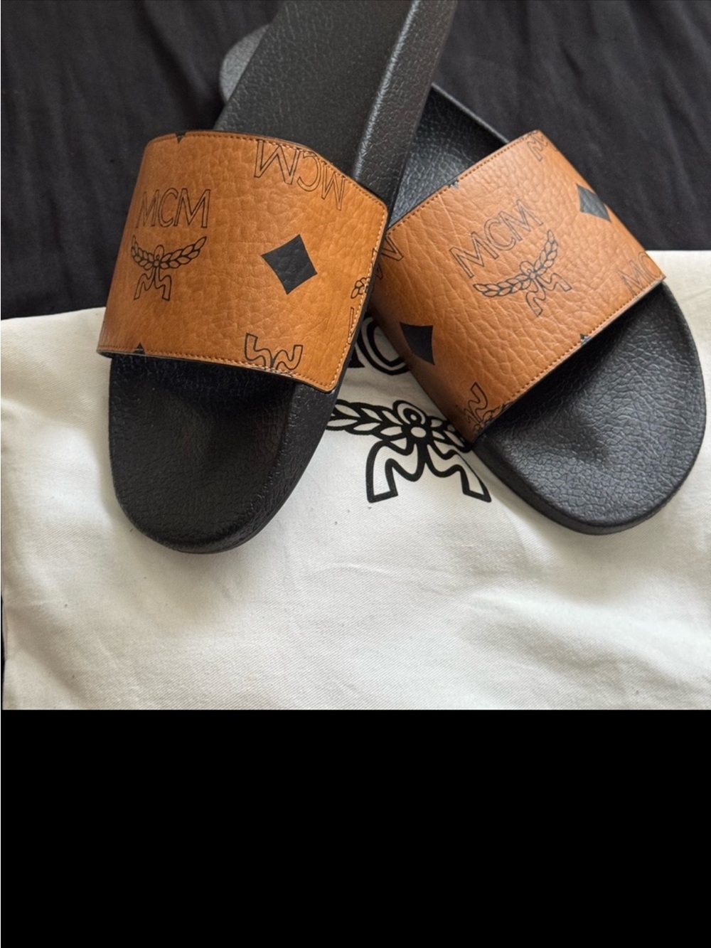 MCM Brown and Black Logo Slide Sandals